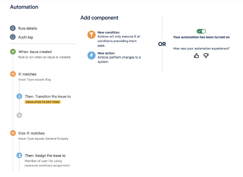 Interfaz de usuario para Jira Automation, herramienta de automatización de Jira, integrada en Jira Service Management