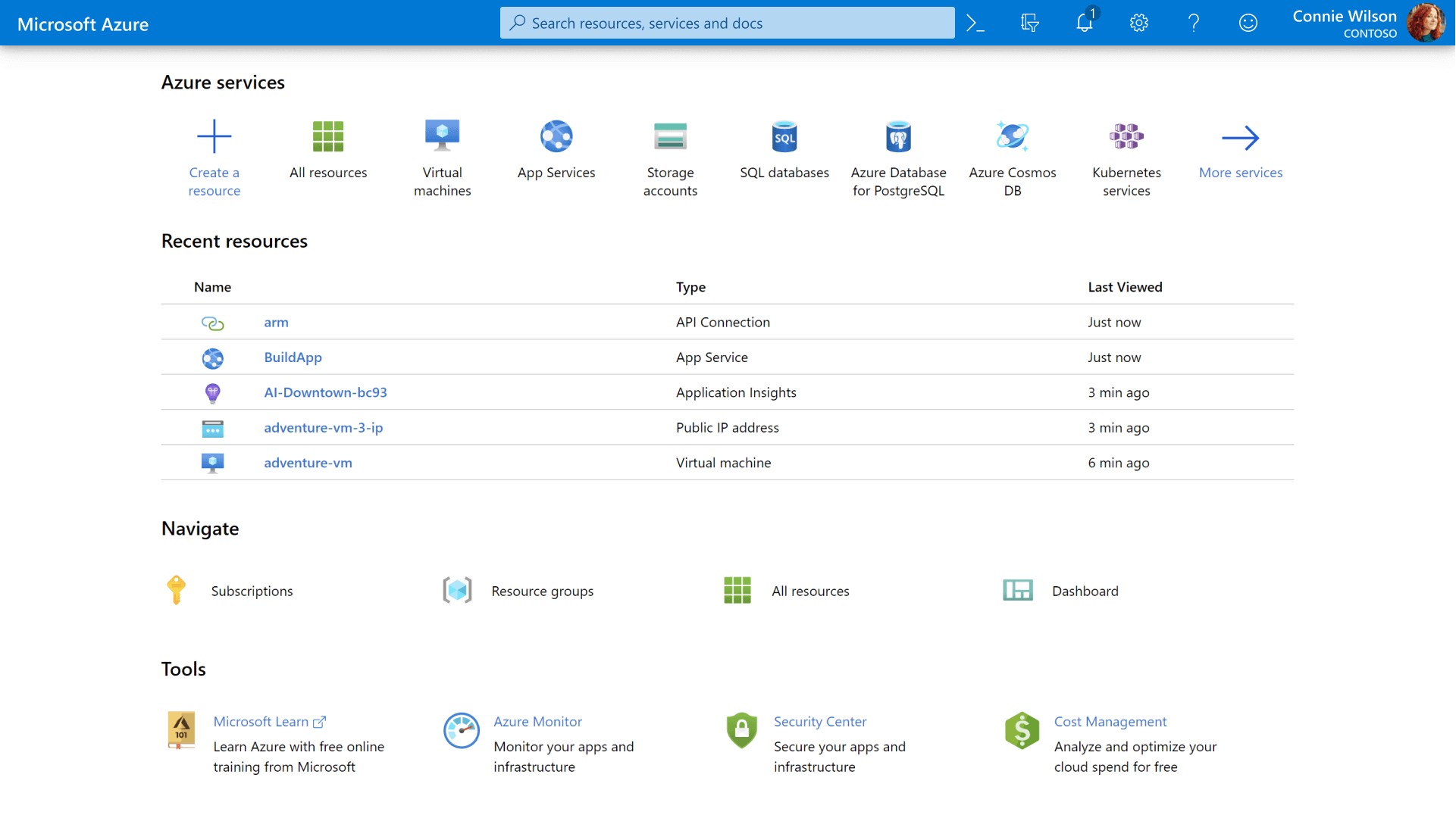 Pantalla de Microsoft azure