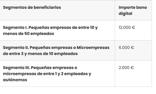 Tabla de importes de las subvenciones Kit digital