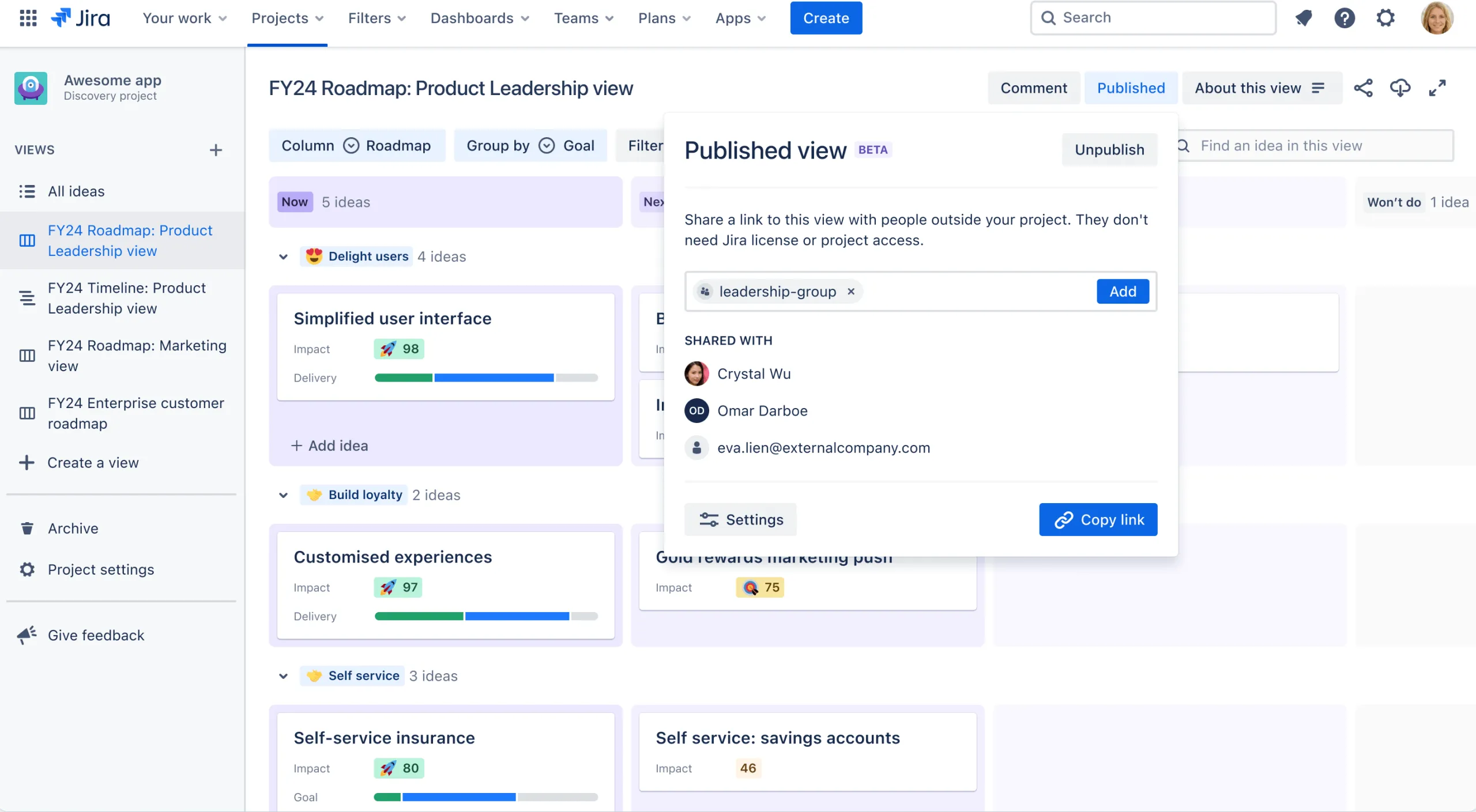 Pantalla de Jira product discovery Pantalla de Jira product discovery