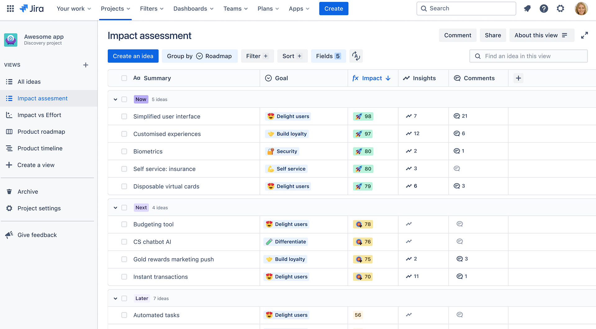 Pantalla de Jira product discovery