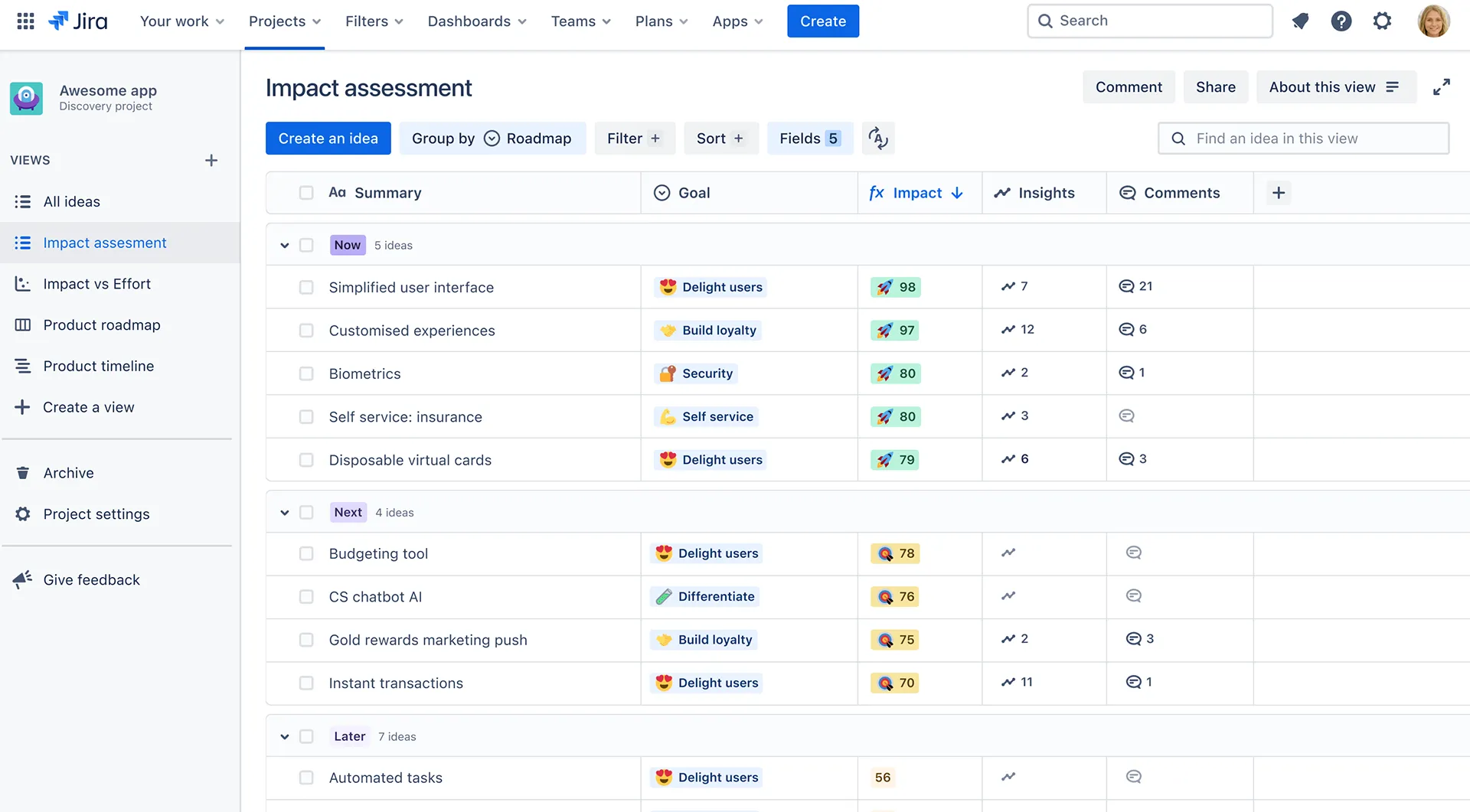 Pantalla de Jira product discovery Pantalla de Jira product discovery