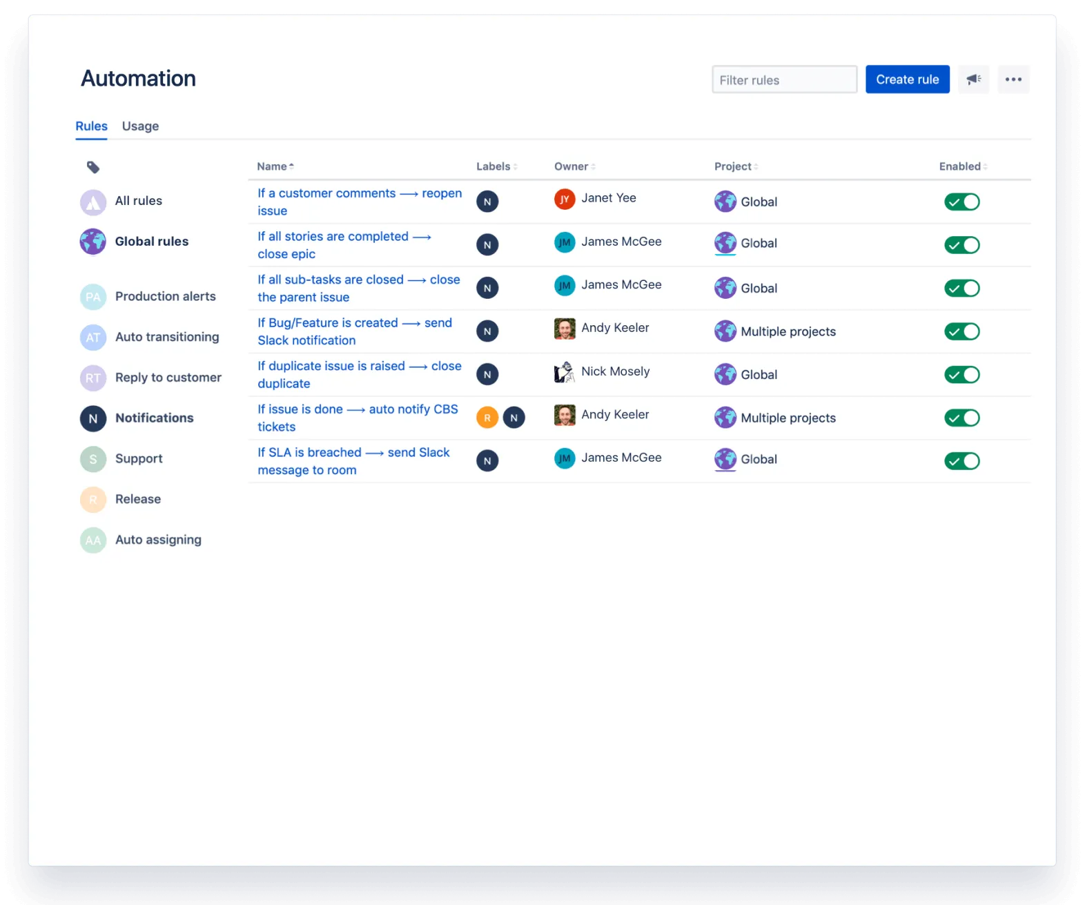 Pantalla de Jira Automation Pantalla de Jira Automation