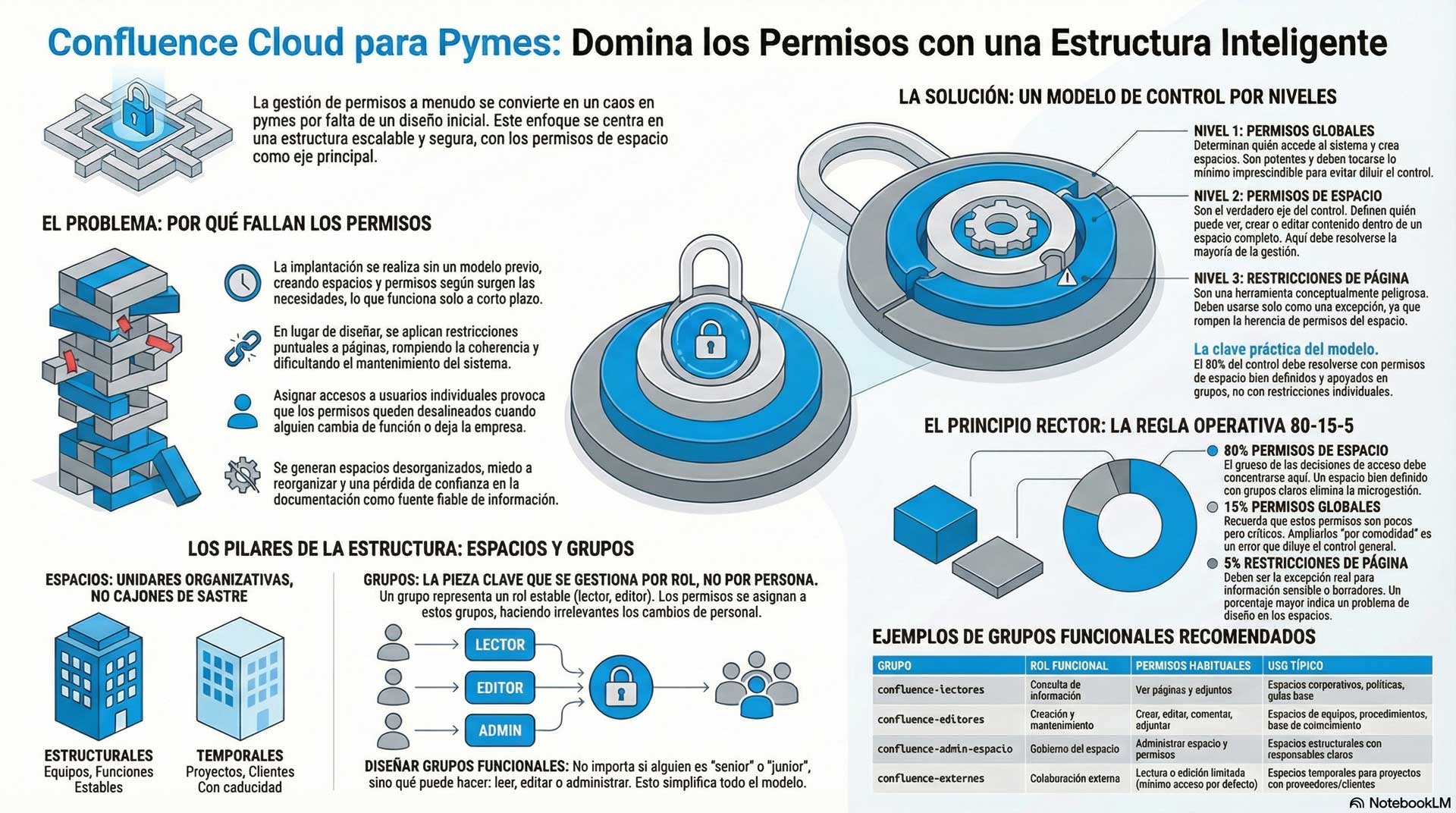 Infografía del artículo "Permisos en Confluence Cloud: estructura de espacios y grupos para pymes" Infografía del artículo "Permisos en Confluence Cloud: estructura de espacios y grupos para pymes"